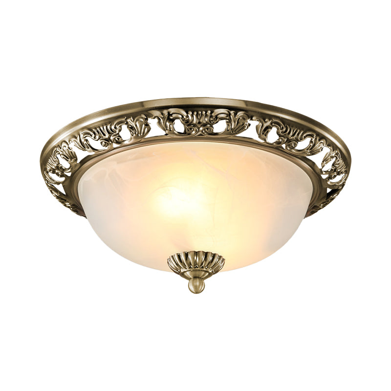 Bowl Shade Opal Glass Flush Ceiling Light Countryside 3-Head Living Room Metal Flush Mount Fixture in Bronze/Copper, 12"/16"/19.5" Wide Bronze Clearhalo 'Ceiling Lights' 'Close To Ceiling Lights' 'Close to ceiling' 'Flush mount' Lighting' 1474090