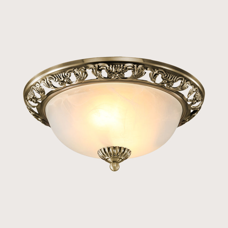 Bowl Shade Opal Glass Flush Ceiling Light Countryside 3-Head Living Room Metal Flush Mount Fixture in Bronze/Copper, 12"/16"/19.5" Wide Clearhalo 'Ceiling Lights' 'Close To Ceiling Lights' 'Close to ceiling' 'Flush mount' Lighting' 1474091