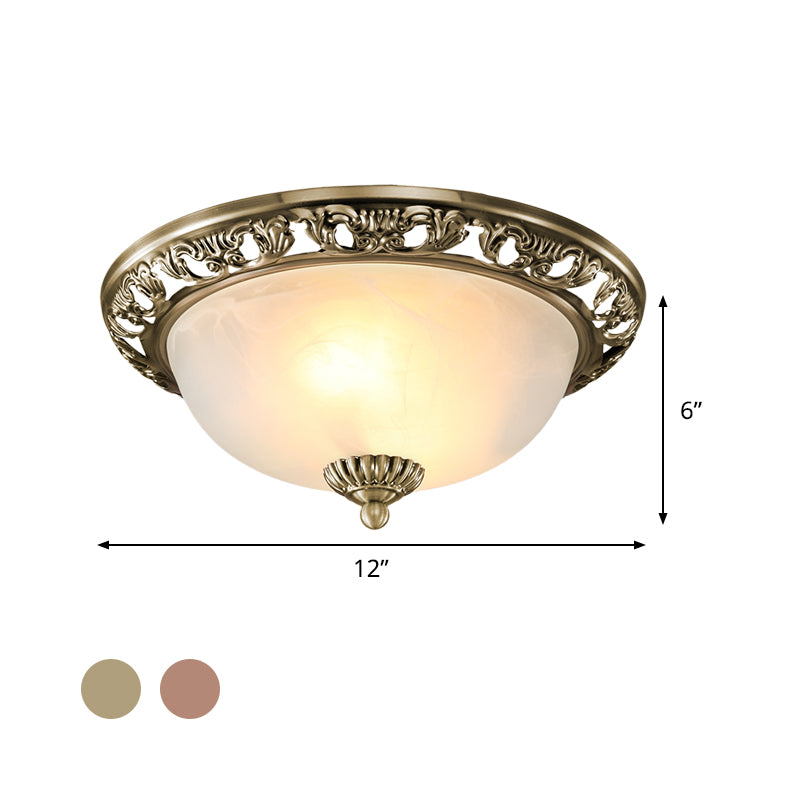 Bowl Shade Opal Glass Flush Ceiling Light Countryside 3-Head Living Room Metal Flush Mount Fixture in Bronze/Copper, 12"/16"/19.5" Wide Clearhalo 'Ceiling Lights' 'Close To Ceiling Lights' 'Close to ceiling' 'Flush mount' Lighting' 1474092