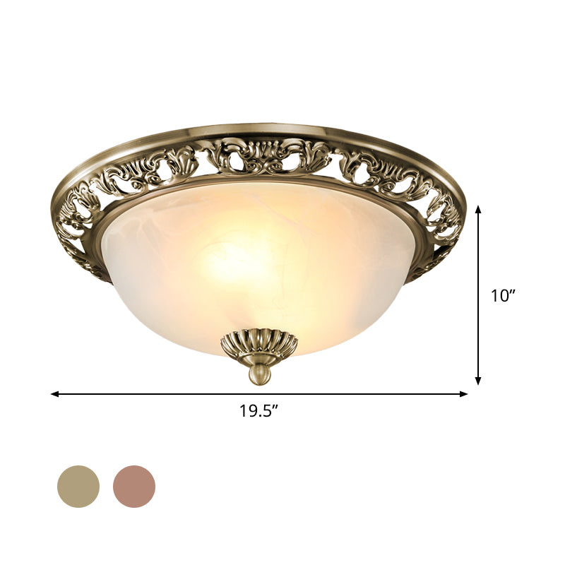 Bowl Shade Opal Glass Flush Ceiling Light Countryside 3-Head Living Room Metal Flush Mount Fixture in Bronze/Copper, 12"/16"/19.5" Wide Clearhalo 'Ceiling Lights' 'Close To Ceiling Lights' 'Close to ceiling' 'Flush mount' Lighting' 1474094