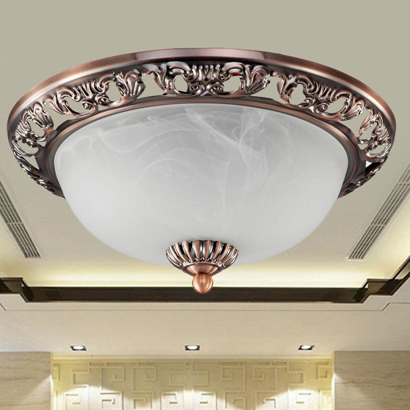 Bowl Shade Opal Glass Flush Ceiling Light Countryside 3-Head Living Room Metal Flush Mount Fixture in Bronze/Copper, 12"/16"/19.5" Wide Clearhalo 'Ceiling Lights' 'Close To Ceiling Lights' 'Close to ceiling' 'Flush mount' Lighting' 1474095