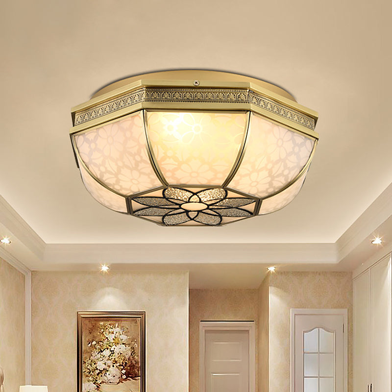 Frosted Glass Gold Flush Mount Bowl Shade 4-Light Colonialism Metal Ceiling Mounted Fixture with Flower Pattern Gold Clearhalo 'Ceiling Lights' 'Close To Ceiling Lights' 'Close to ceiling' 'Flush mount' Lighting' 1474111