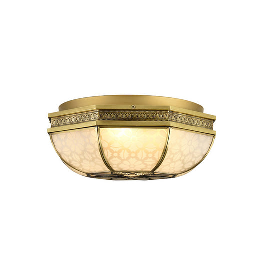 Frosted Glass Gold Flush Mount Bowl Shade 4-Light Colonialism Metal Ceiling Mounted Fixture with Flower Pattern Clearhalo 'Ceiling Lights' 'Close To Ceiling Lights' 'Close to ceiling' 'Flush mount' Lighting' 1474113