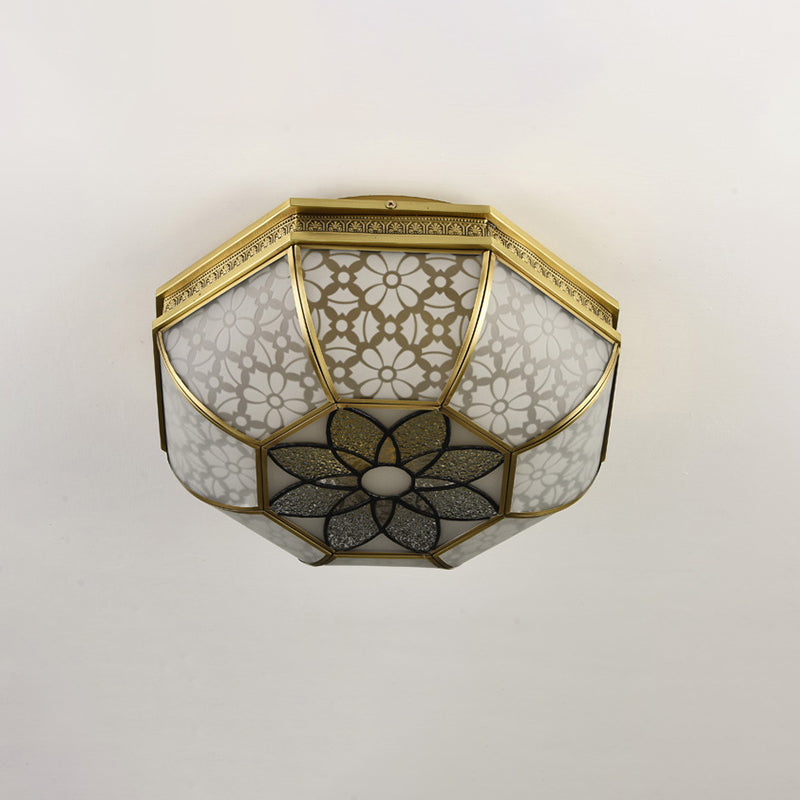 Frosted Glass Gold Flush Mount Bowl Shade 4-Light Colonialism Metal Ceiling Mounted Fixture with Flower Pattern Clearhalo 'Ceiling Lights' 'Close To Ceiling Lights' 'Close to ceiling' 'Flush mount' Lighting' 1474114