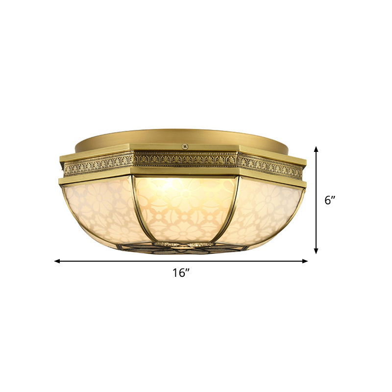 Frosted Glass Gold Flush Mount Bowl Shade 4-Light Colonialism Metal Ceiling Mounted Fixture with Flower Pattern Clearhalo 'Ceiling Lights' 'Close To Ceiling Lights' 'Close to ceiling' 'Flush mount' Lighting' 1474115