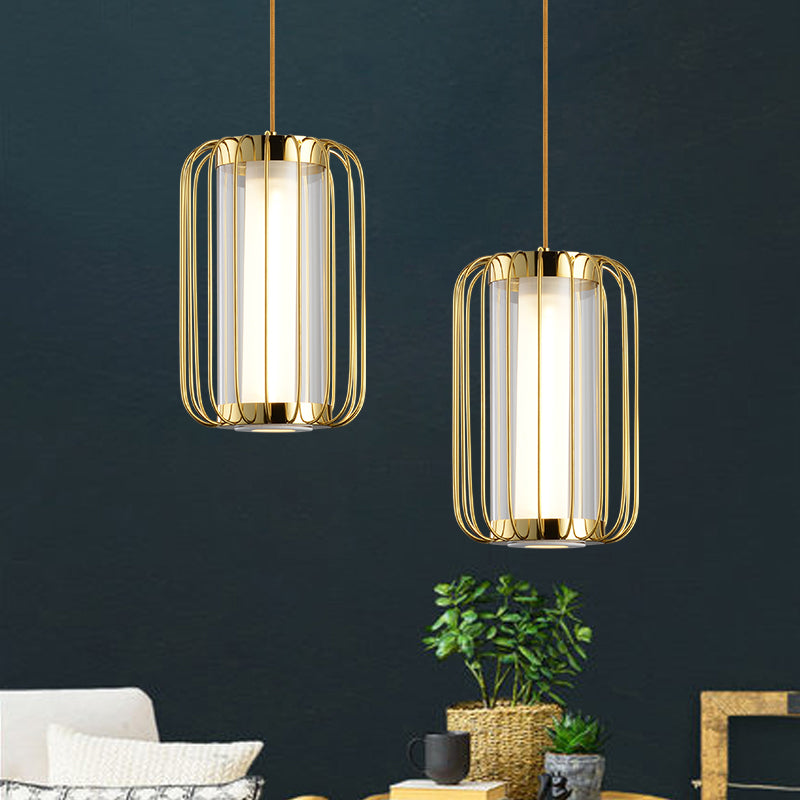 1-Head Pendant Lighting Colonialism Cylinder Clear Glass Hanging Lamp Kit with Metal Frame for Bedroom Clearhalo 'Ceiling Lights' 'Pendant Lights' 'Pendants' Lighting' 1474141