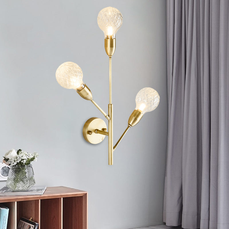 Gold Sphere Sconce Light Fixture Colonial Clear Ribbed Glass 3 Heads Living Room Wall Lighting Gold Clearhalo 'Wall Lamps & Sconces' 'Wall Lights' Lighting' 1474151