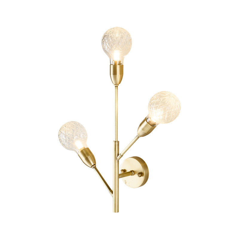 Gold Sphere Sconce Light Fixture Colonial Clear Ribbed Glass 3 Heads Living Room Wall Lighting Clearhalo 'Wall Lamps & Sconces' 'Wall Lights' Lighting' 1474153