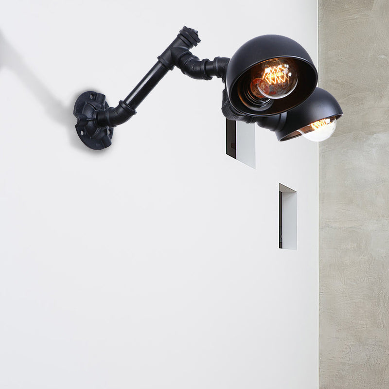 Black Bowl Shade Wall Sconce with Pipe Industrial Vintage Metal 2 Lights Corridor Wall Lighting Fixture Black C Clearhalo 'Art deco wall lights' 'Cast Iron' 'Glass' 'Industrial wall lights' 'Industrial' 'Middle century wall lights' 'Modern' 'Rustic wall lights' 'Tiffany' 'Traditional wall lights' 'Wall Lamps & Sconces' 'Wall Lights' Lighting' 147417