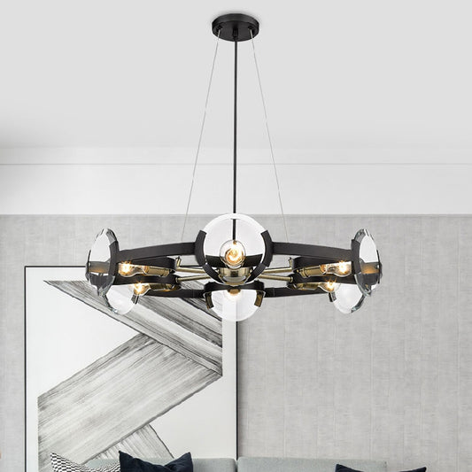 4/6 Lights Circular Pendant Chandelier Farmhouse Black Metallic Ceiling Light with Clear Glass Shade Clearhalo 'Ceiling Lights' 'Chandeliers' Lighting' options 1474192