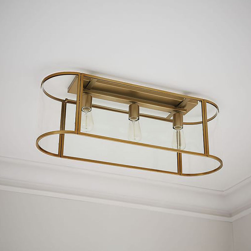 3 Heads Flush Light Warehouse Corridor Metal Flush Mount Lighting with Oval Clear Glass Shade in Black/Gold Clearhalo 'Ceiling Lights' 'Close To Ceiling Lights' 'Close to ceiling' 'Flush mount' Lighting' 1474206