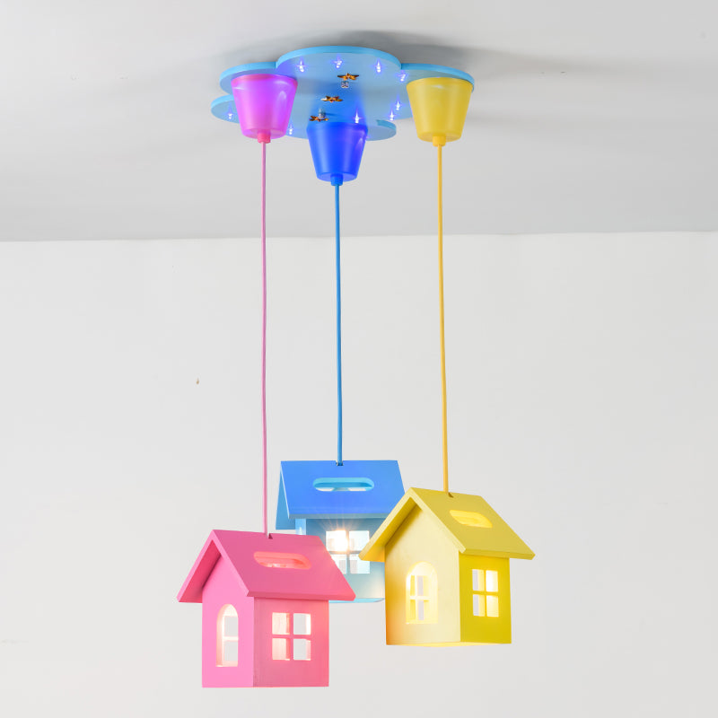 3-Head Bedroom Cluster Pendant Lighting Kids Blue-Pink-Yellow Hanging Light with House Wooden Shade Clearhalo 'Ceiling Lights' 'Pendant Lights' 'Pendants' Lighting' 1474244