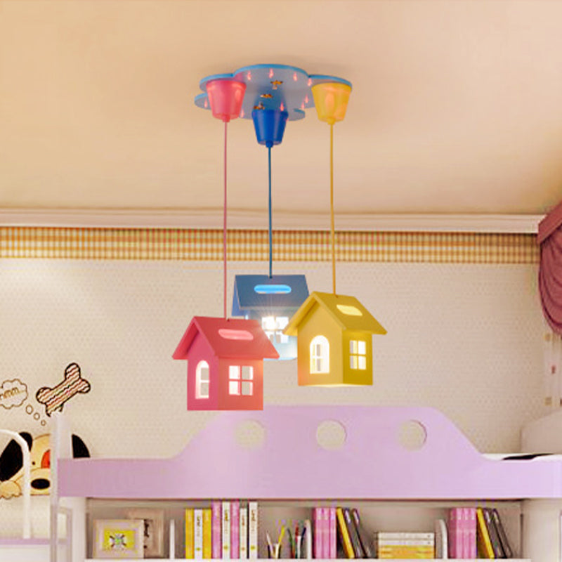 3-Head Bedroom Cluster Pendant Lighting Kids Blue-Pink-Yellow Hanging Light with House Wooden Shade Clearhalo 'Ceiling Lights' 'Pendant Lights' 'Pendants' Lighting' 1474245