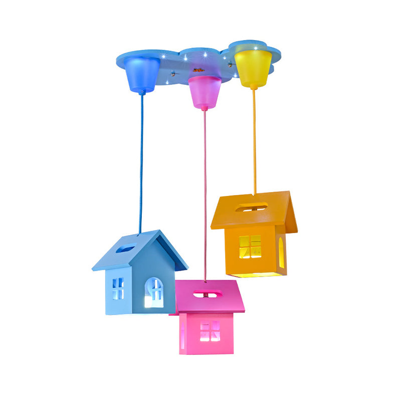 3-Head Bedroom Cluster Pendant Lighting Kids Blue-Pink-Yellow Hanging Light with House Wooden Shade Clearhalo 'Ceiling Lights' 'Pendant Lights' 'Pendants' Lighting' 1474247