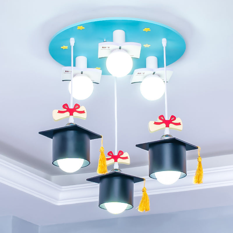 Bachelor Cap Metal Cluster Pendant Kids 6 Heads Blue Down Lighting for Children Bedroom Clearhalo 'Ceiling Lights' 'Pendant Lights' 'Pendants' Lighting' 1474249