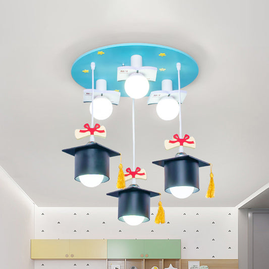 Bachelor Cap Metal Cluster Pendant Kids 6 Heads Blue Down Lighting for Children Bedroom Clearhalo 'Ceiling Lights' 'Pendant Lights' 'Pendants' Lighting' 1474250