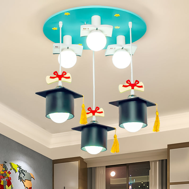 Bachelor Cap Metal Cluster Pendant Kids 6 Heads Blue Down Lighting for Children Bedroom Clearhalo 'Ceiling Lights' 'Pendant Lights' 'Pendants' Lighting' 1474251