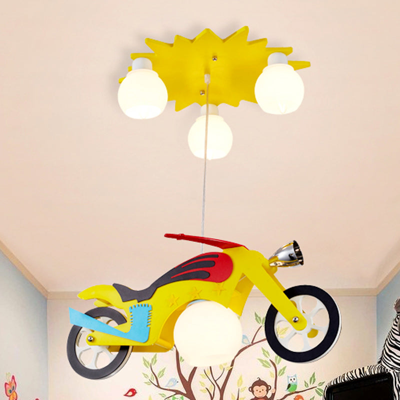 Kids 4 Lights Cluster Pendant Lamp Yellow Motorbike Ceiling Hang Fixture with White Glass Shade Yellow Clearhalo 'Ceiling Lights' 'Glass shade' 'Glass' 'Pendant Lights' 'Pendants' Lighting' 1474259