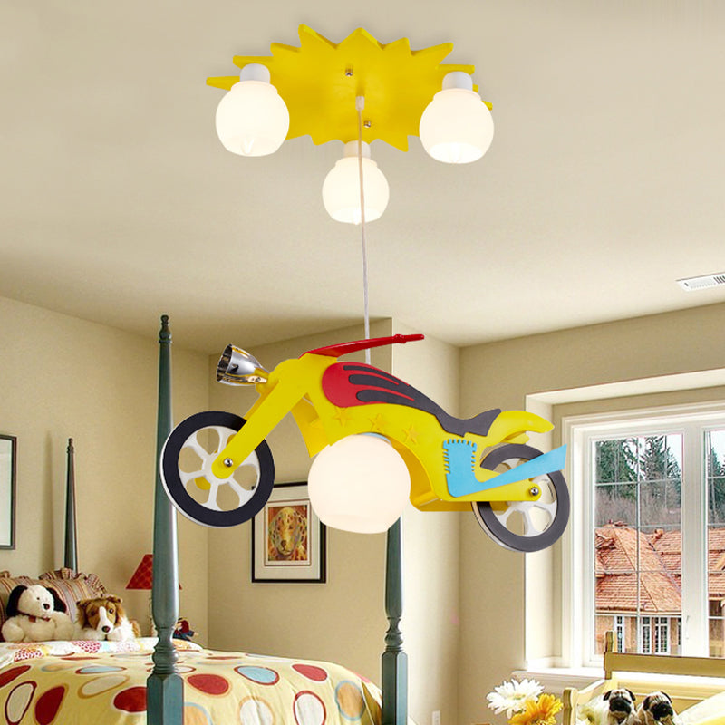 Kids 4 Lights Cluster Pendant Lamp Yellow Motorbike Ceiling Hang Fixture with White Glass Shade Clearhalo 'Ceiling Lights' 'Glass shade' 'Glass' 'Pendant Lights' 'Pendants' Lighting' 1474260