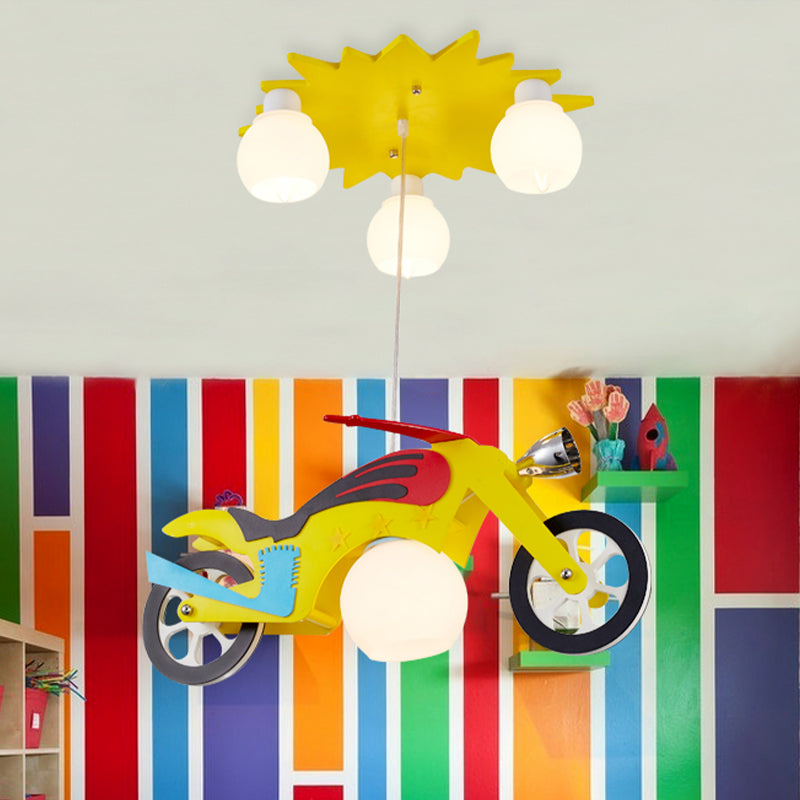 Kids 4 Lights Cluster Pendant Lamp Yellow Motorbike Ceiling Hang Fixture with White Glass Shade Clearhalo 'Ceiling Lights' 'Glass shade' 'Glass' 'Pendant Lights' 'Pendants' Lighting' 1474261