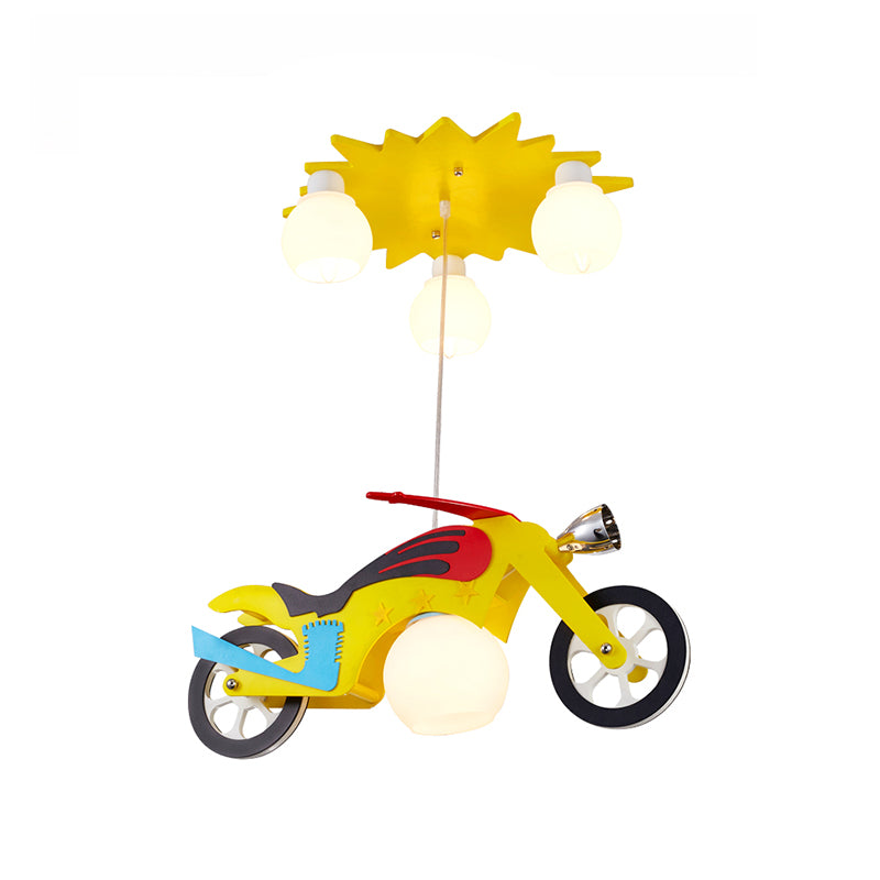 Kids 4 Lights Cluster Pendant Lamp Yellow Motorbike Ceiling Hang Fixture with White Glass Shade Clearhalo 'Ceiling Lights' 'Glass shade' 'Glass' 'Pendant Lights' 'Pendants' Lighting' 1474262