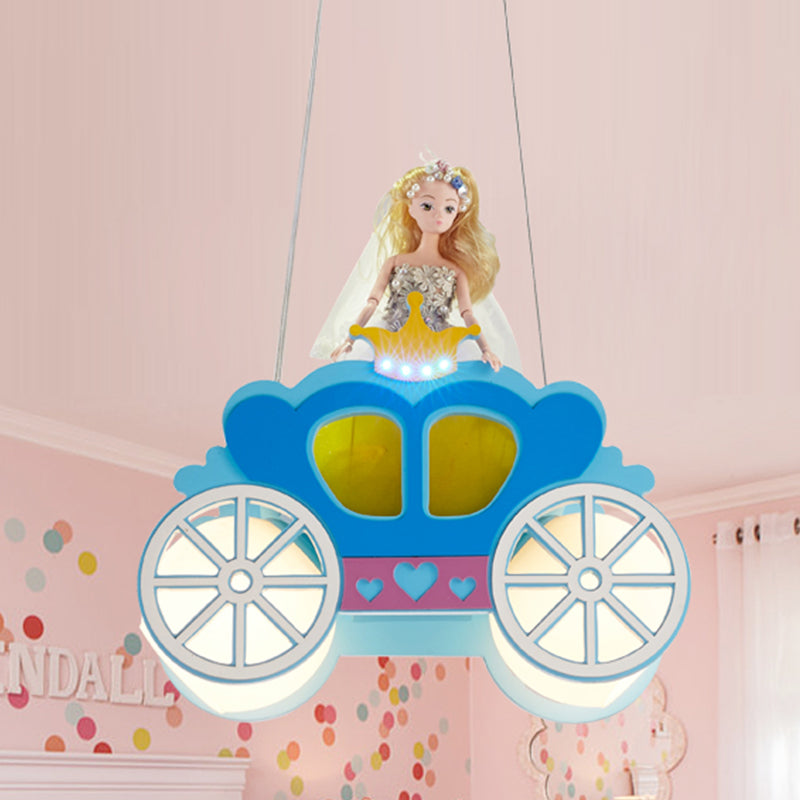 Princess Carriage Ceiling Lamp Kids Frosted Glass 2 Lights Blue Multi Light Pendant for Bedroom Blue Clearhalo 'Ceiling Lights' 'Chandeliers' 'Glass shade' 'Glass' 'Pendant Lights' 'Pendants' Lighting' 1474264