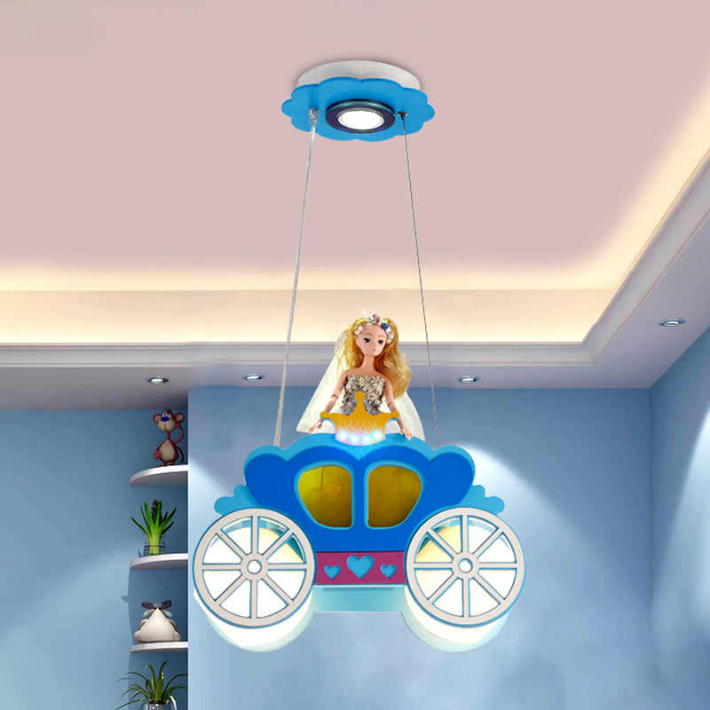 Princess Carriage Ceiling Lamp Kids Frosted Glass 2 Lights Blue Multi Light Pendant for Bedroom Clearhalo 'Ceiling Lights' 'Chandeliers' 'Glass shade' 'Glass' 'Pendant Lights' 'Pendants' Lighting' 1474265