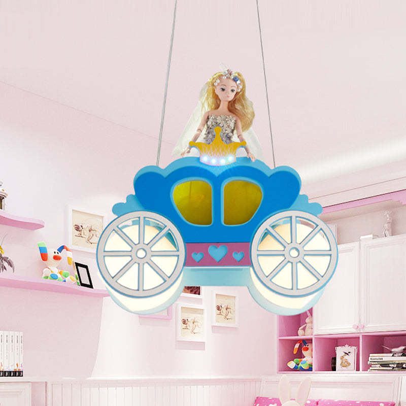 Princess Carriage Ceiling Lamp Kids Frosted Glass 2 Lights Blue Multi Light Pendant for Bedroom Clearhalo 'Ceiling Lights' 'Chandeliers' 'Glass shade' 'Glass' 'Pendant Lights' 'Pendants' Lighting' 1474266