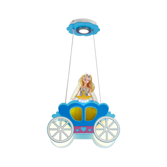 Princess Carriage Ceiling Lamp Kids Frosted Glass 2 Lights Blue Multi Light Pendant for Bedroom Clearhalo 'Ceiling Lights' 'Chandeliers' 'Glass shade' 'Glass' 'Pendant Lights' 'Pendants' Lighting' 1474267