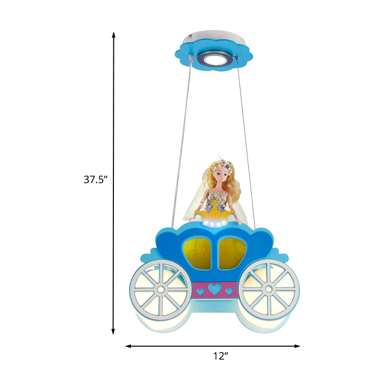 Princess Carriage Ceiling Lamp Kids Frosted Glass 2 Lights Blue Multi Light Pendant for Bedroom Clearhalo 'Ceiling Lights' 'Chandeliers' 'Glass shade' 'Glass' 'Pendant Lights' 'Pendants' Lighting' 1474268