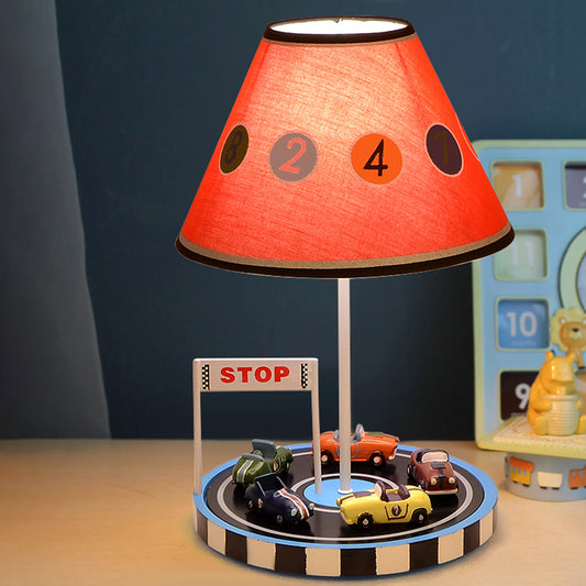 Kids Tapered Fabric Table Light 1-Bulb Nightstand Lighting in Red with Racing Vehicle Decor Red Clearhalo 'Lamps' 'Table Lamps' Lighting' 1474274