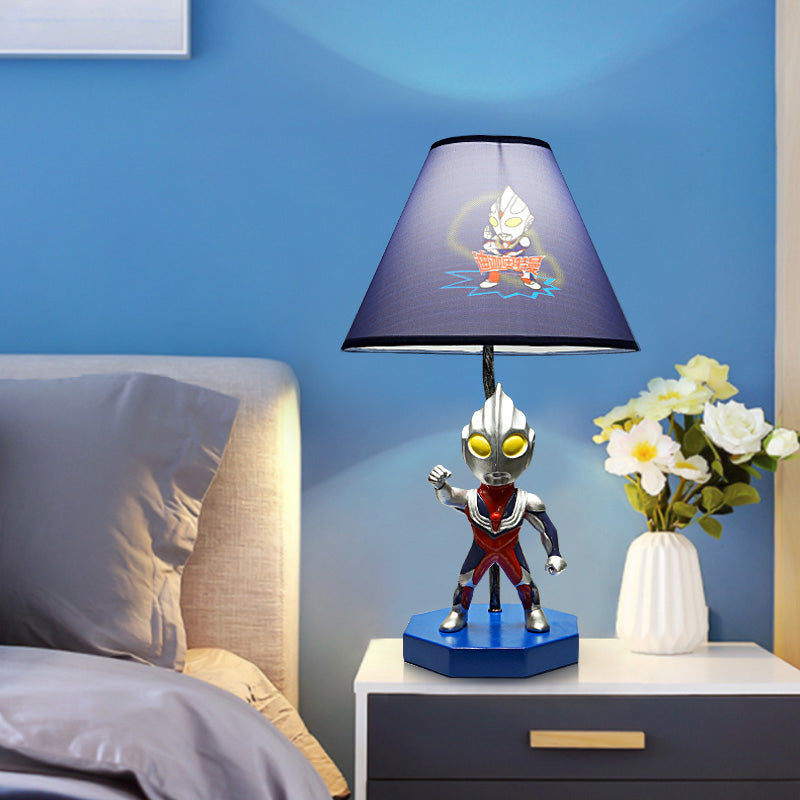 Blue Barrel/Trapezoid Table Lamp Kids 1 Head Fabric Nightstand Lighting with Ultraman Decoration Clearhalo 'Lamps' 'Table Lamps' Lighting' 1474290