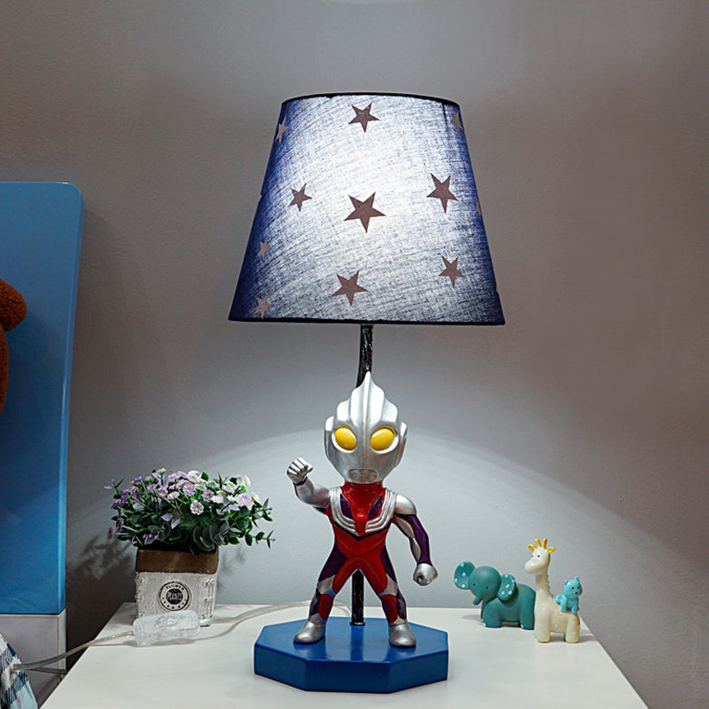 Blue Barrel/Trapezoid Table Lamp Kids 1 Head Fabric Nightstand Lighting with Ultraman Decoration Clearhalo 'Lamps' 'Table Lamps' Lighting' 1474295