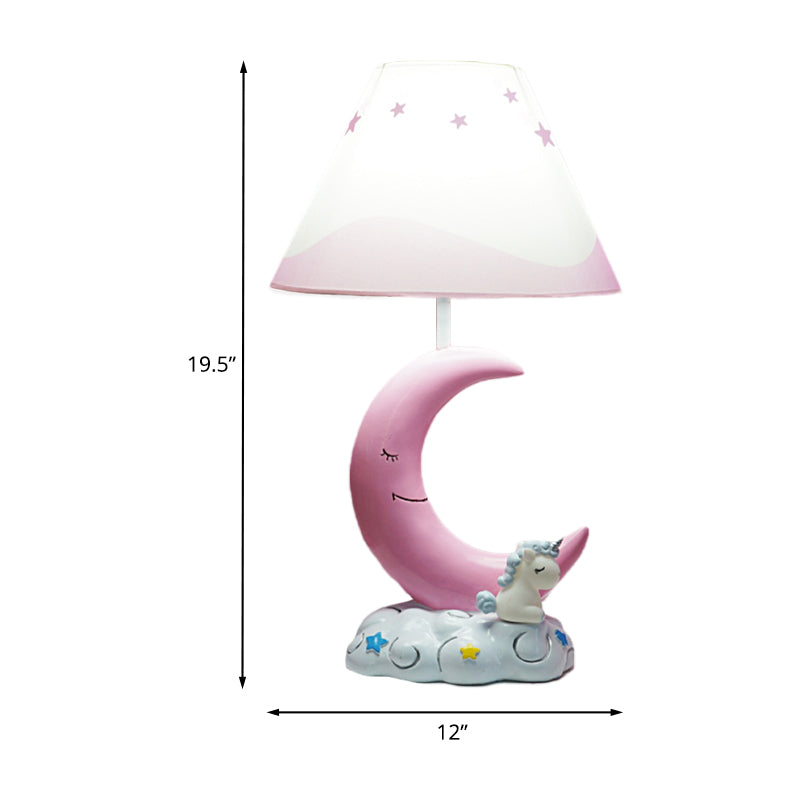 Kids Conical Night Table Lamp Fabric 1 Light Bedroom Nightstand Light in Pink with Moon/Elephant/Cat Base Clearhalo 'Lamps' 'Table Lamps' Lighting' 1474338