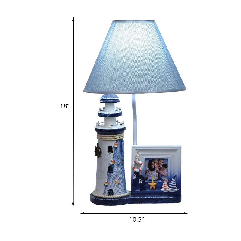 Lighthouse Wood Night Lamp Kids 1 Bulb Blue Table Light with Fabric Shade and Photo Frame Clearhalo 'Lamps' 'Table Lamps' Lighting' 1474343