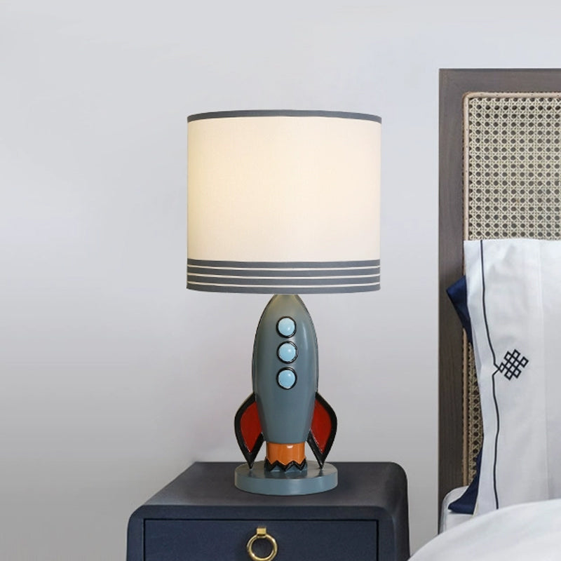 Blue Rocket Nightstand Lighting Kids Resin Night Table Light with Drum Fabric Shade for Nursery Clearhalo 'Lamps' 'Table Lamps' Lighting' 1474351