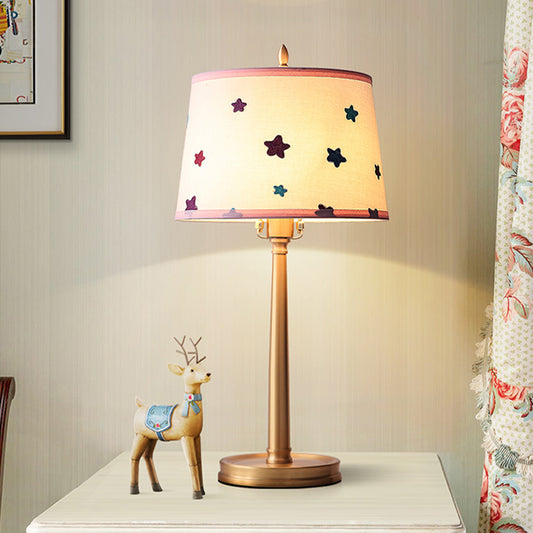 Modern Drum Fabric Table Lamp 1 Light Nightstand Lighting in Brass with Pentagram Pattern Brass Clearhalo 'Lamps' 'Table Lamps' Lighting' 1474354