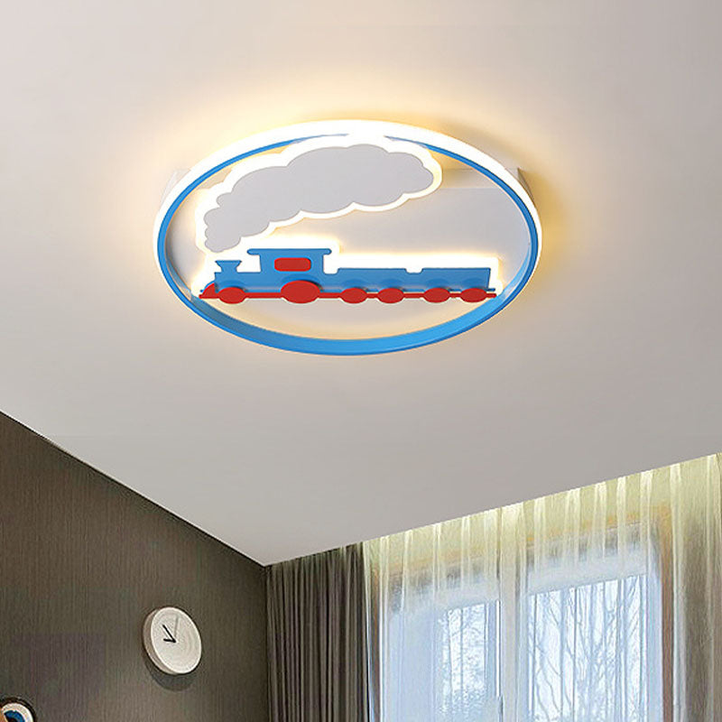 Train Flush Mount Ceiling Light Kids Acrylic LED Boys Bedroom Flushmount Lighting in Blue, 16"/19.5" Width Blue Clearhalo 'Ceiling Lights' 'Close To Ceiling Lights' 'Close to ceiling' 'Flush mount' Lighting' 1474428