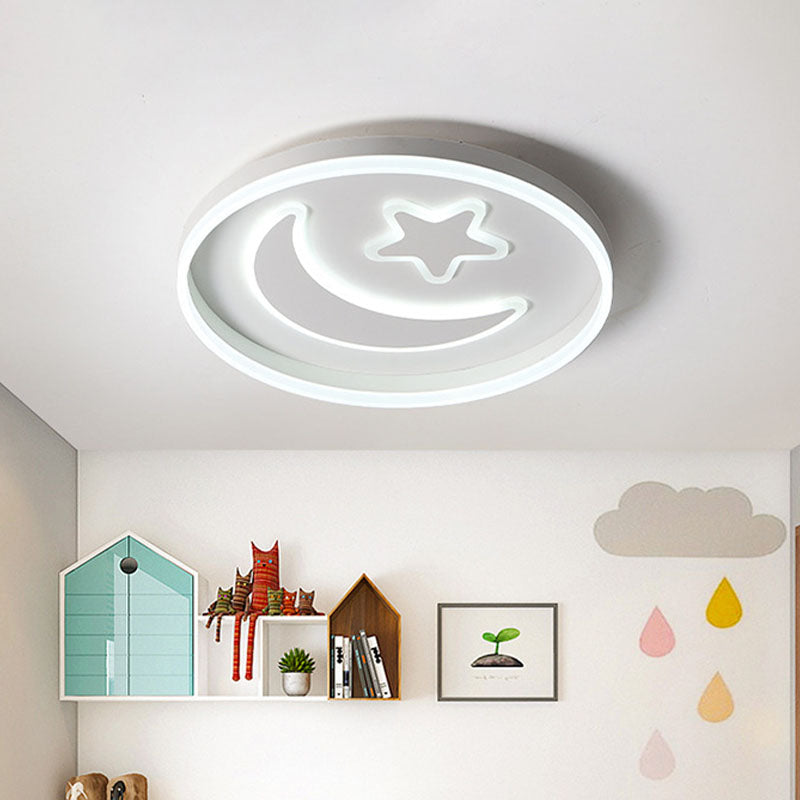 LED Bedroom Flush Mount Lighting Kids White/Pink/Blue Flush Light Fixture with Moon and Star Acrylic Shade White Clearhalo 'Ceiling Lights' 'Close To Ceiling Lights' 'Close to ceiling' 'Flush mount' Lighting' 1474452