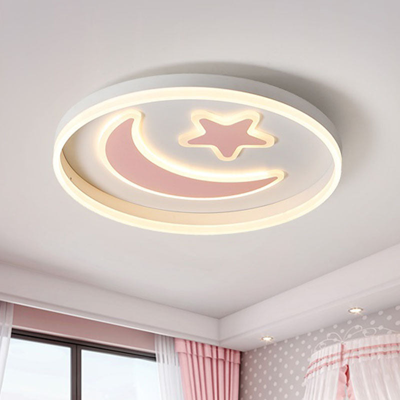 LED Bedroom Flush Mount Lighting Kids White/Pink/Blue Flush Light Fixture with Moon and Star Acrylic Shade Clearhalo 'Ceiling Lights' 'Close To Ceiling Lights' 'Close to ceiling' 'Flush mount' Lighting' 1474455