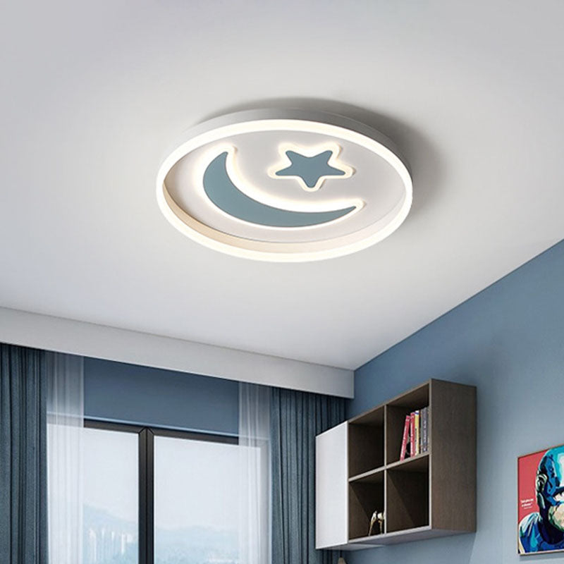 LED Bedroom Flush Mount Lighting Kids White/Pink/Blue Flush Light Fixture with Moon and Star Acrylic Shade Clearhalo 'Ceiling Lights' 'Close To Ceiling Lights' 'Close to ceiling' 'Flush mount' Lighting' 1474460