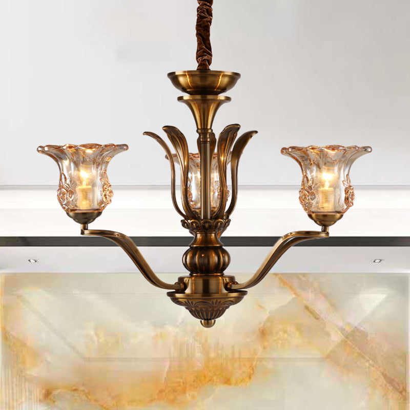 Flower Clear Glass Pendant Chandelier Rural 3/6/8 Heads Living Room Hanging Ceiling Light in Brass with Branching Design Clearhalo 'Ceiling Lights' 'Chandeliers' Lighting' options 1474600