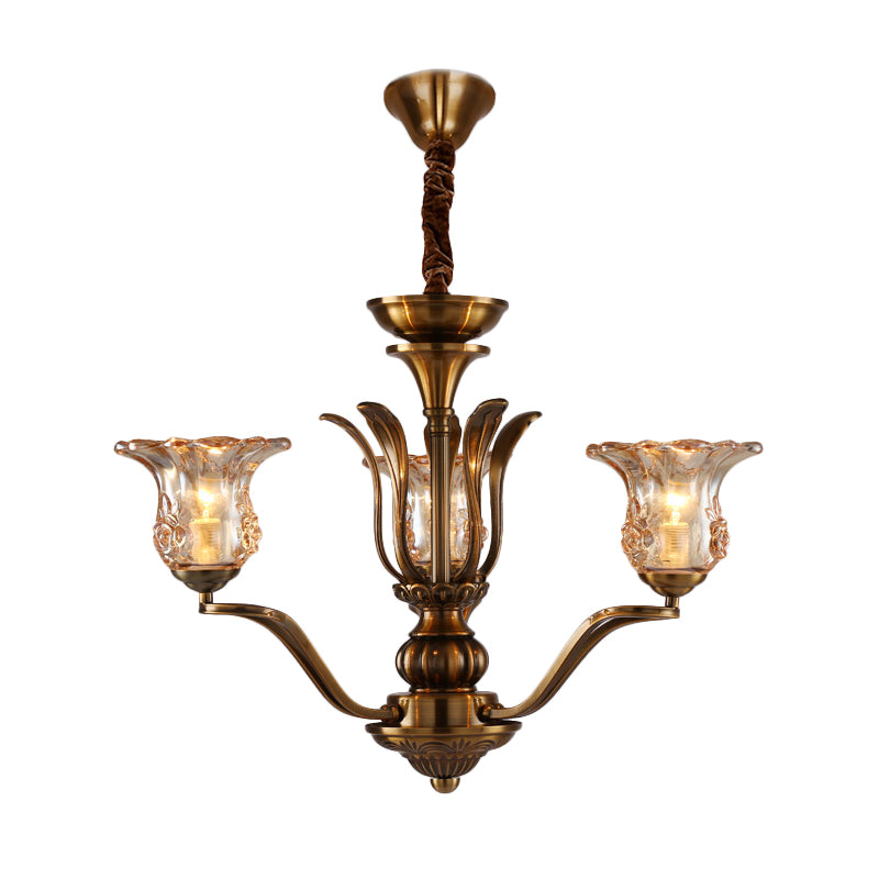 Flower Clear Glass Pendant Chandelier Rural 3/6/8 Heads Living Room Hanging Ceiling Light in Brass with Branching Design 3 Brass Clearhalo 'Ceiling Lights' 'Chandeliers' Lighting' options 1474602_314118e6-d96a-4af9-978b-28529aeba344