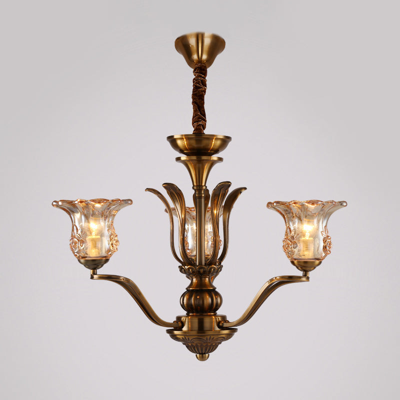 Flower Clear Glass Pendant Chandelier Rural 3/6/8 Heads Living Room Hanging Ceiling Light in Brass with Branching Design Clearhalo 'Ceiling Lights' 'Chandeliers' Lighting' options 1474603