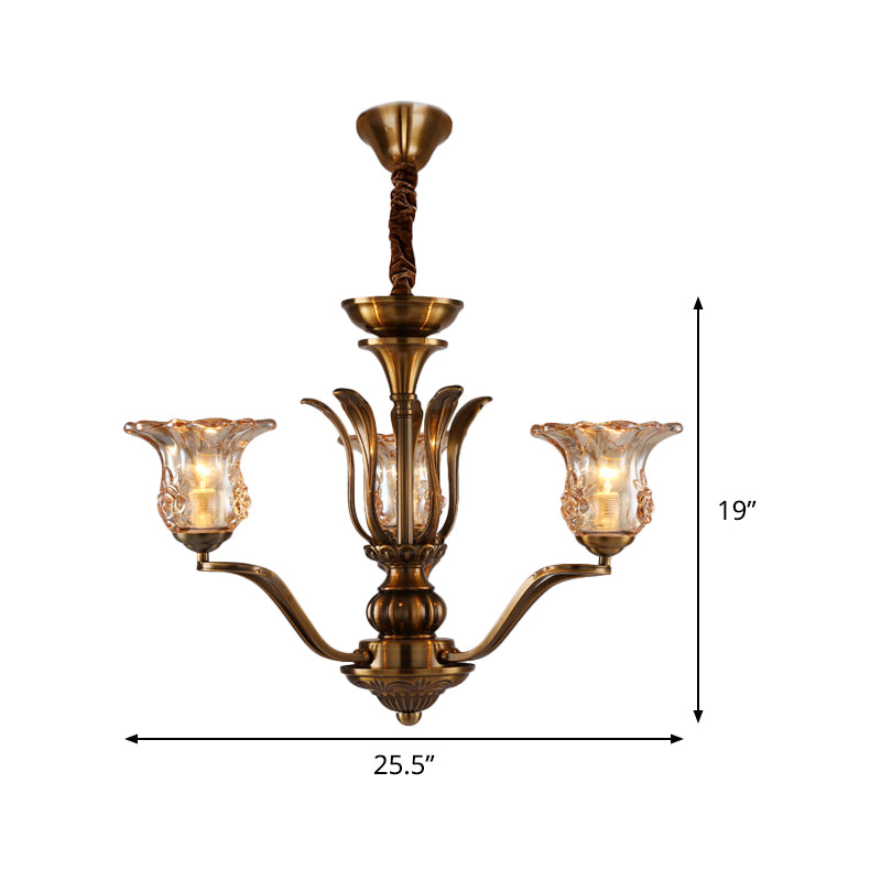 Flower Clear Glass Pendant Chandelier Rural 3/6/8 Heads Living Room Hanging Ceiling Light in Brass with Branching Design Clearhalo 'Ceiling Lights' 'Chandeliers' Lighting' options 1474604