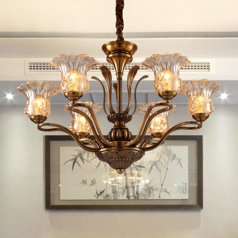 Flower Clear Glass Pendant Chandelier Rural 3/6/8 Heads Living Room Hanging Ceiling Light in Brass with Branching Design Clearhalo 'Ceiling Lights' 'Chandeliers' Lighting' options 1474605