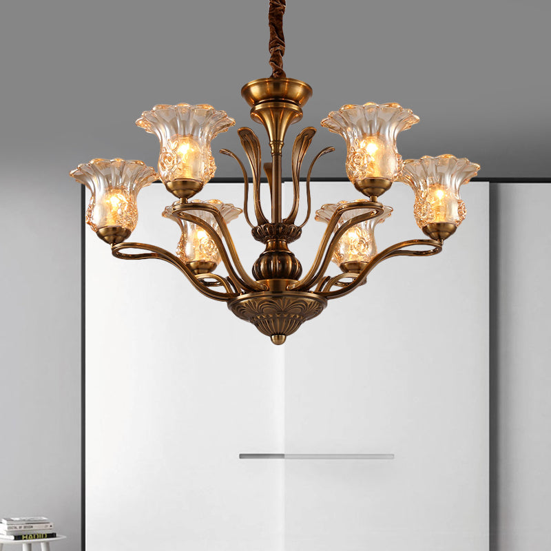 Flower Clear Glass Pendant Chandelier Rural 3/6/8 Heads Living Room Hanging Ceiling Light in Brass with Branching Design Clearhalo 'Ceiling Lights' 'Chandeliers' Lighting' options 1474606