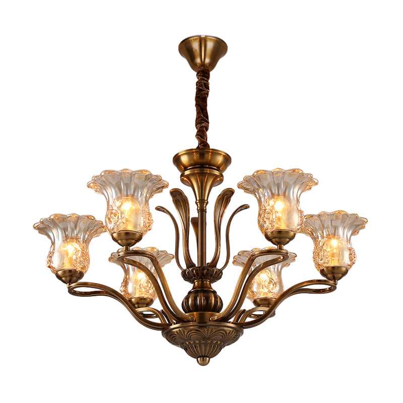 Flower Clear Glass Pendant Chandelier Rural 3/6/8 Heads Living Room Hanging Ceiling Light in Brass with Branching Design 6 Brass Clearhalo 'Ceiling Lights' 'Chandeliers' Lighting' options 1474607_0589bba9-f33a-4956-b0be-f43500dfc5fc