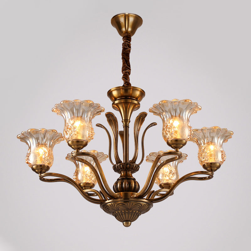 Flower Clear Glass Pendant Chandelier Rural 3/6/8 Heads Living Room Hanging Ceiling Light in Brass with Branching Design Clearhalo 'Ceiling Lights' 'Chandeliers' Lighting' options 1474608