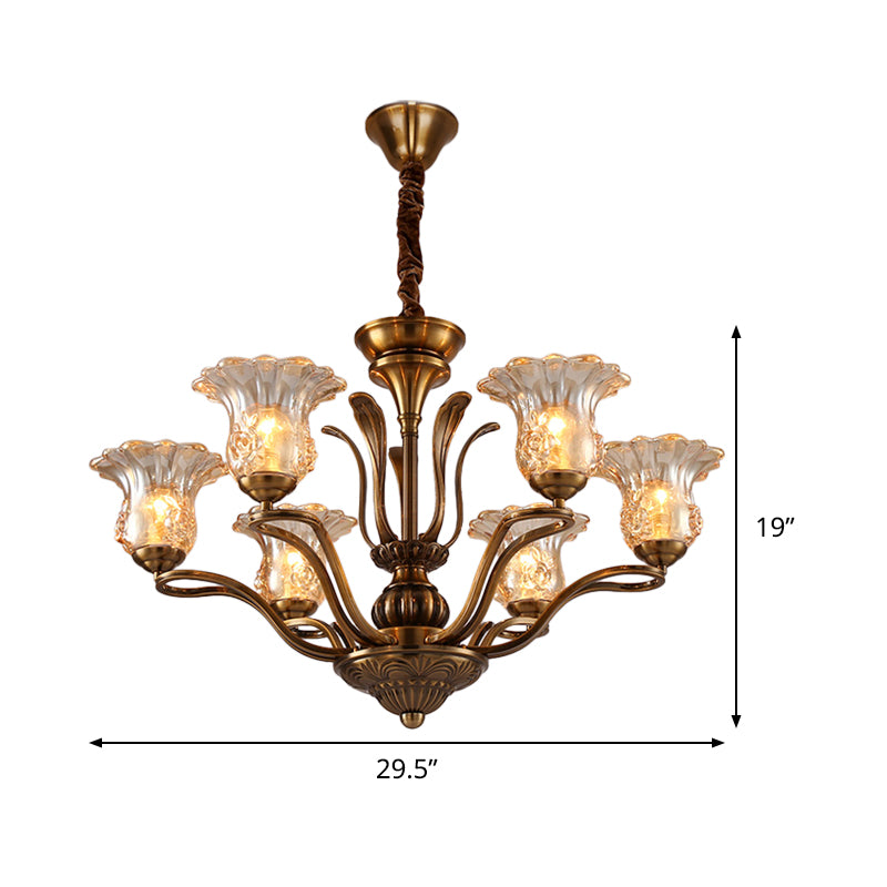 Flower Clear Glass Pendant Chandelier Rural 3/6/8 Heads Living Room Hanging Ceiling Light in Brass with Branching Design Clearhalo 'Ceiling Lights' 'Chandeliers' Lighting' options 1474609